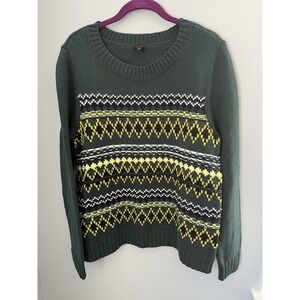 Talbots Women's Diamond Fair Isle Crewneck Sweater Green Yellow Size L Boho